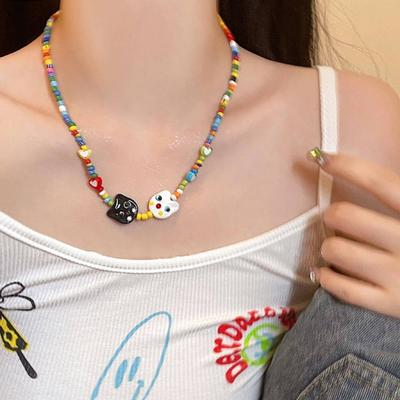 Cat~ Beaded Kitten Ceramic Necklace Female Summer Clavicle Chain Cartoon Accessories