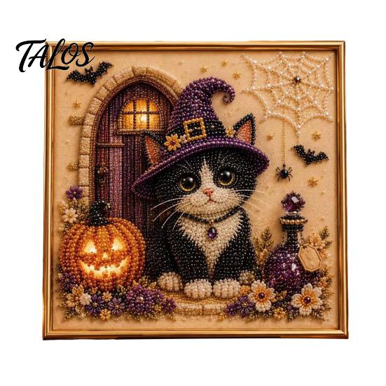 Decorative Hanging Pictures for Halloween Ghost Faux Pearl Art DIY Kit with Frame, Cat Painting Easy Projects Beginners Kit, 3D Witch Pumpkin