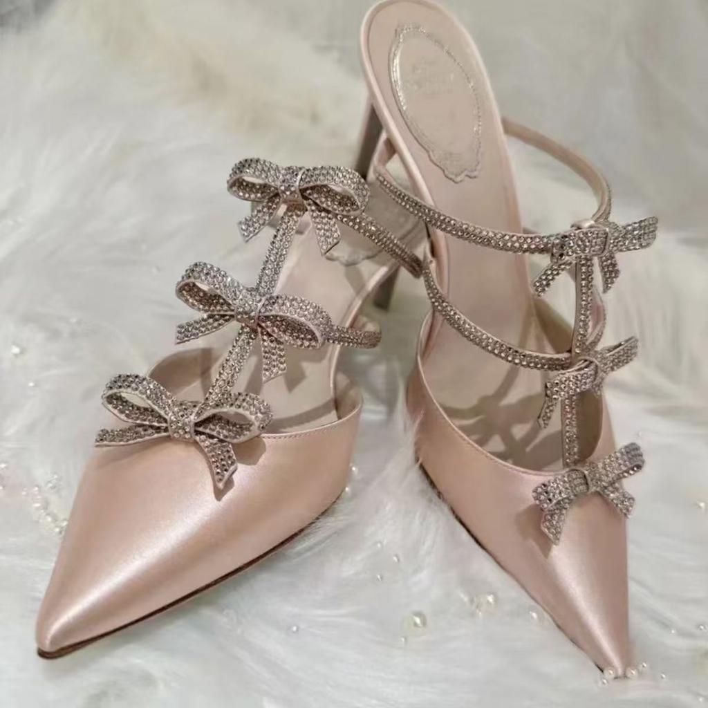 Bow rhinestone section stiletto slippers pointed high heels 2025 new women's outerwear bag head half drag cool slippers