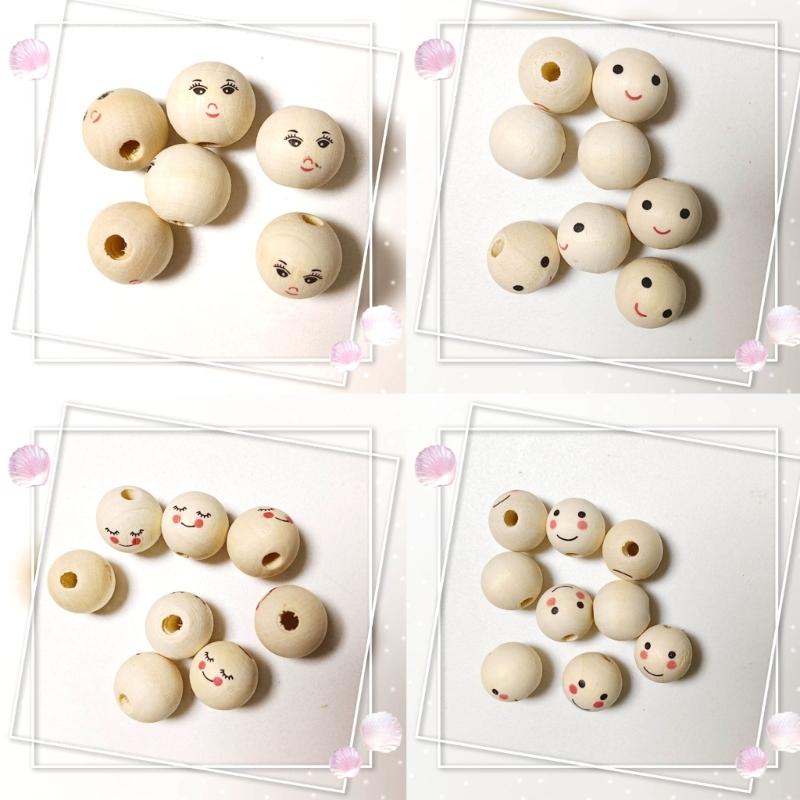 100pcs Wood Balls with Hole 20mm Smiling Face Head Ball Natural Wood Craft Bead for DIY Jewelry Making Macrames Handmade