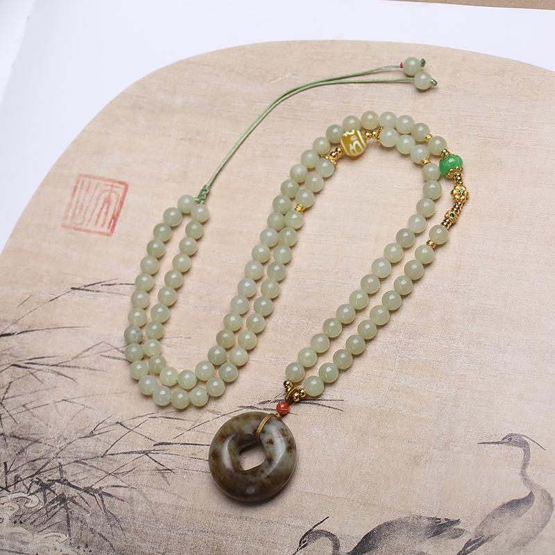 Hetian Jade Beaded Ping An Kou Pendant Necklace - Unisex Wenwan Style