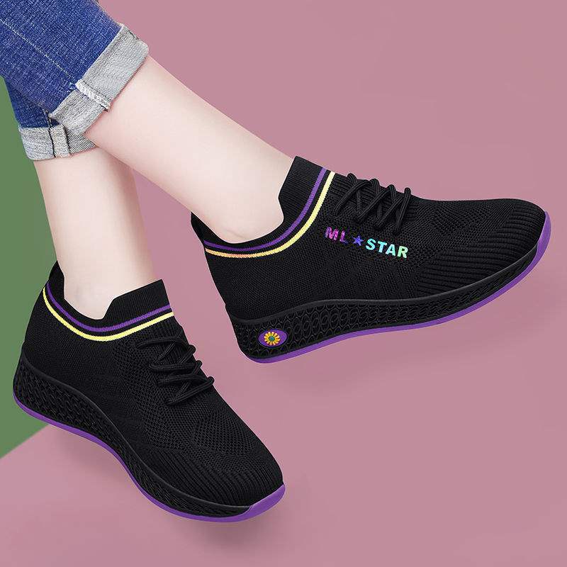 Flying woven elastic muffin shoes sports casual shoes flat black low-top sports shoes women's shoes