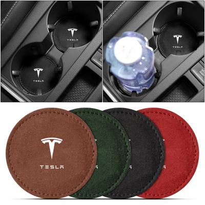 Car Cup Holder Pad Leather Badge Slot Non-slip Coaster Mat For Model 3 Model S Model X Model Y Roadster Performance Decor