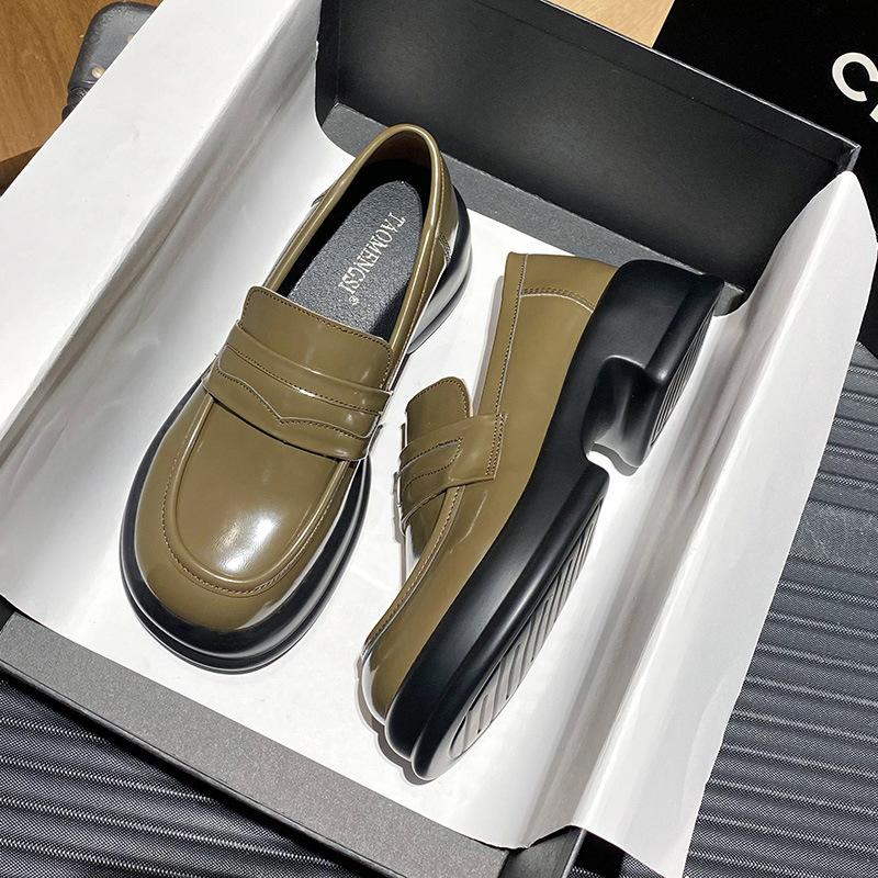 

551 Академия~ Ретро круглый носок платформа лоферы женские маленькие кожаные туфли 43 зелёный