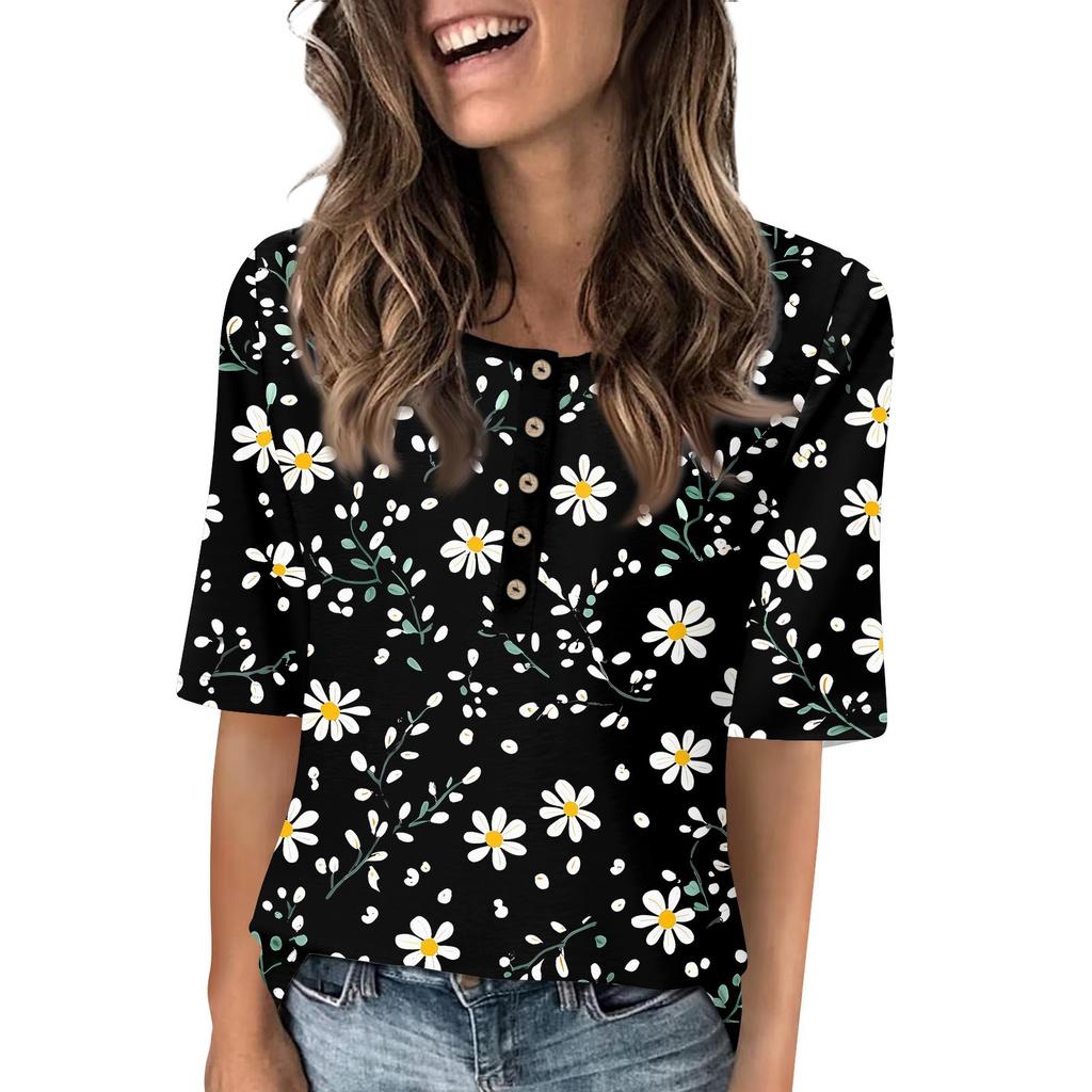 Shirts For Women Trendy Round Neck Button T Shirts Printed  Blouse Half Sleeve Tops For Women