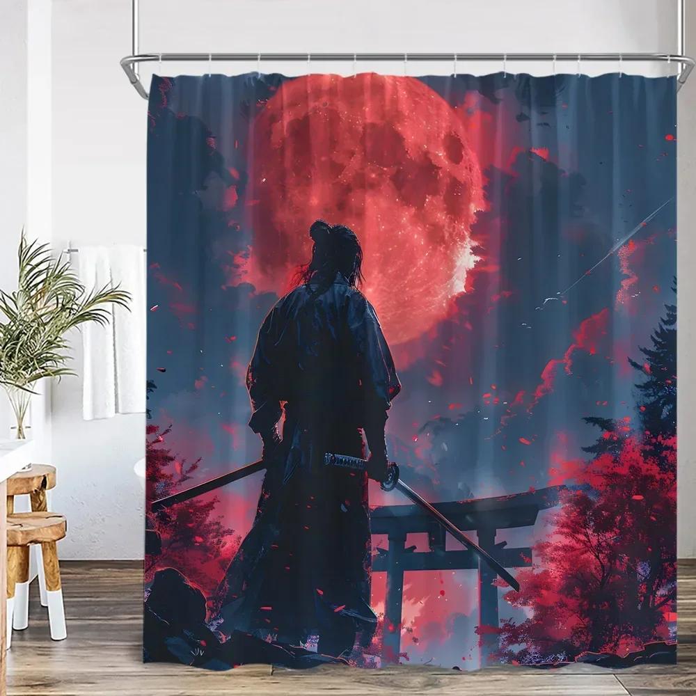 Warrior Samurai Shower Curtain Japan Shrine Red Full Moon Cherry Blossom Bathtub Decor Polyester Bath Curtain With Hook