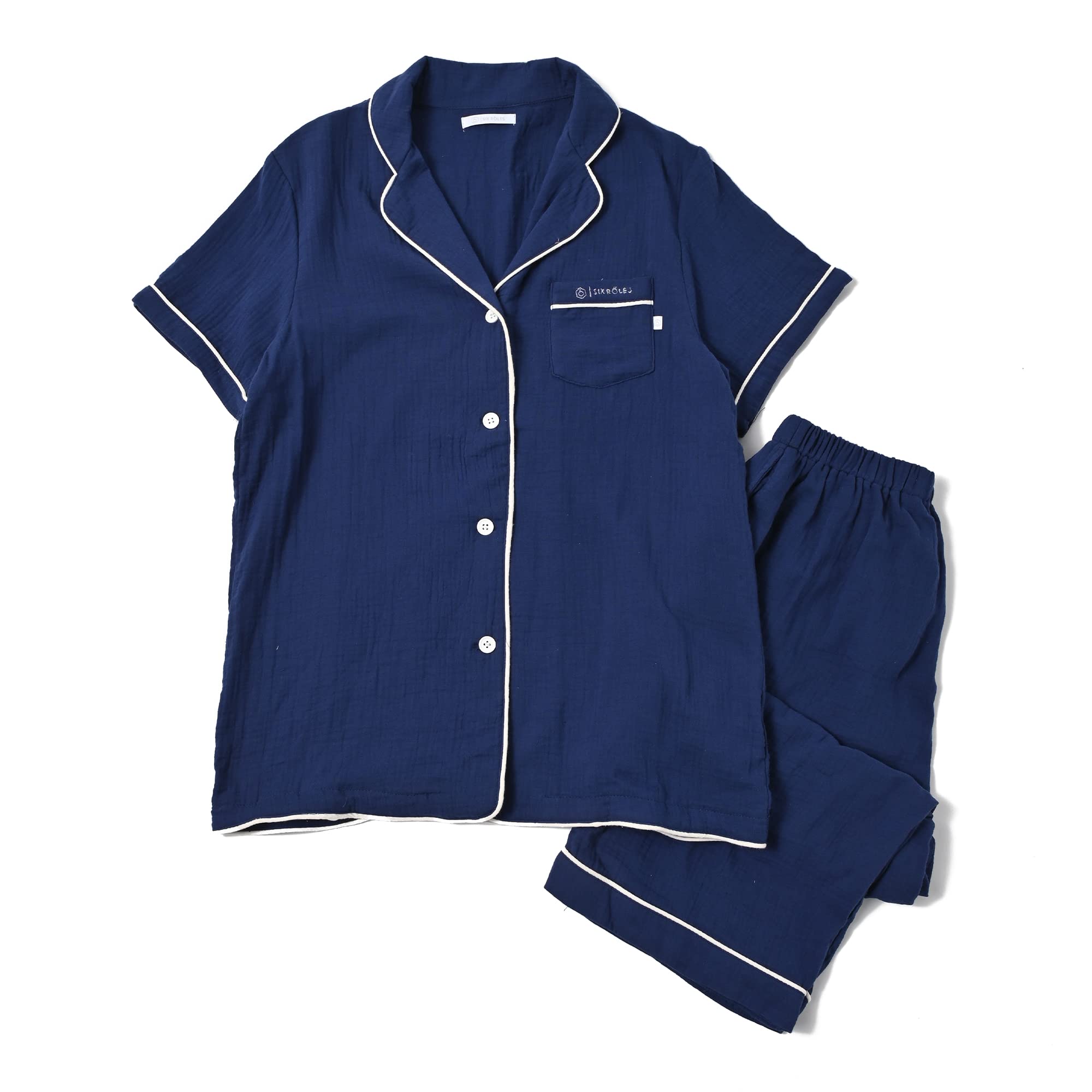 

Шесть рулонов пижама из двойной марли с коротким рукавом и отделкой, однотонный комплект женской домашней одежды, цвет, 100% хлопок, (Маленький, Темно-синий)