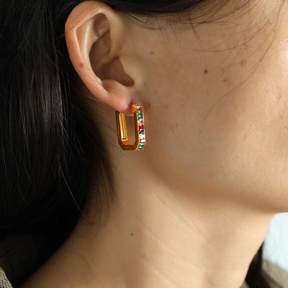 European and American Style Stainless Steel Zirconia Rectangle Earrings for Women