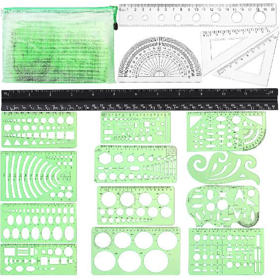 18 Pcs Geometric Drawings Templates, Drawing Stencils, Drawings Tools, Stencils for Drawing, Drafting Stencil with a Storage Bag for Architecture,