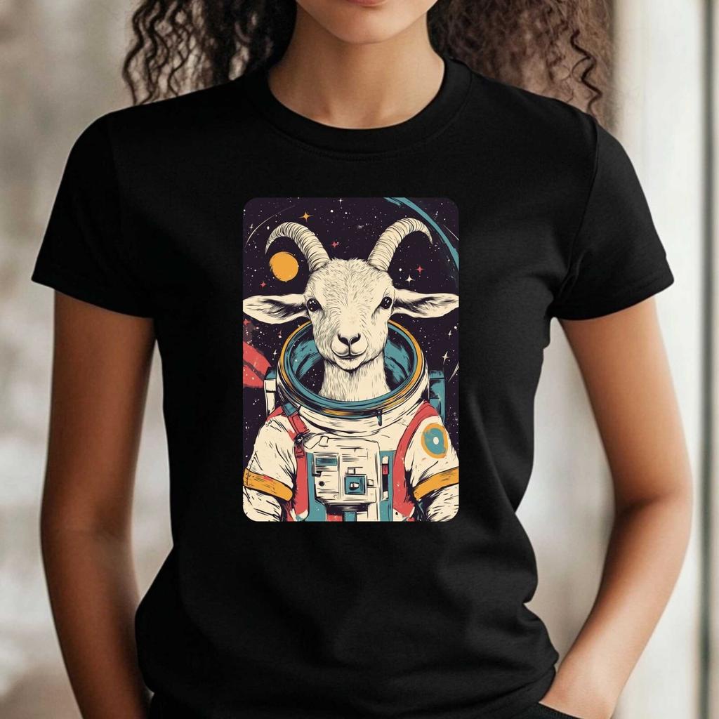 T-Shirt Frauen Ziege als Astronaut Motiv Baumwolle Größe XS bis 3XLWird in neuem Fenster oder Tab geöffnet