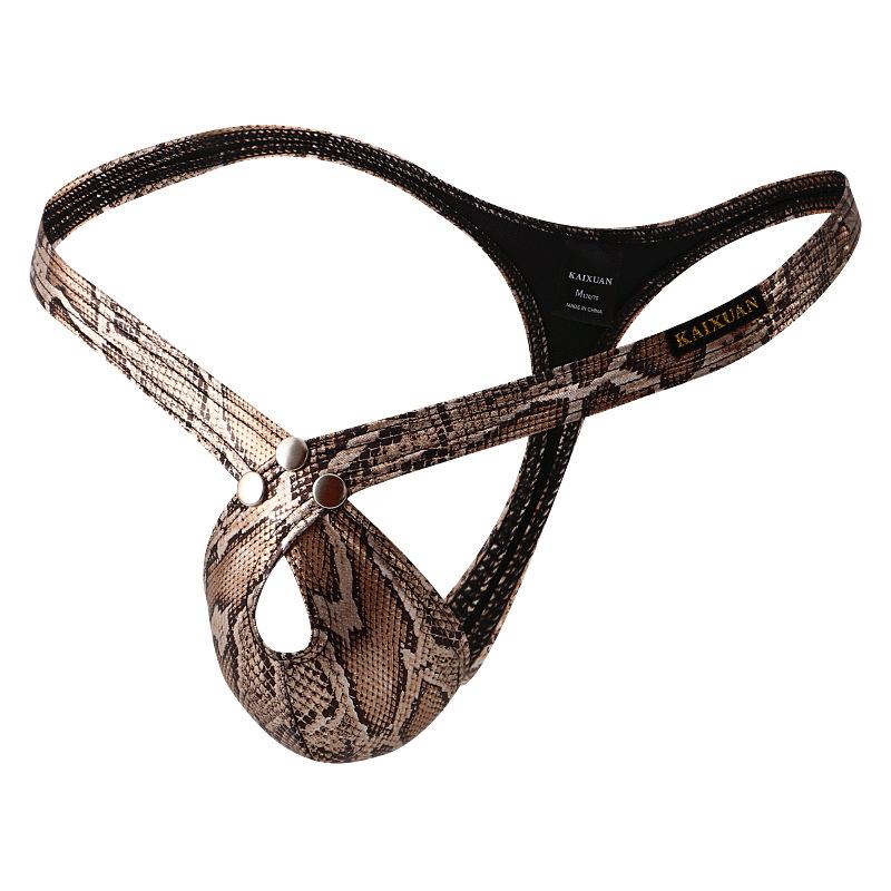 Snake-print Men PU Faux Leather Underpants Thong G String Sexy Underwear Lingerie Panties Low Waist Penis Pouch T-back Hombre