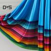 Midi Skirt Ladies Folk Dance Skirt Elastic High Waist Spanish Swing Skirt Rainbow Large Swing Hem Mexican Flamenco Performance Skirt