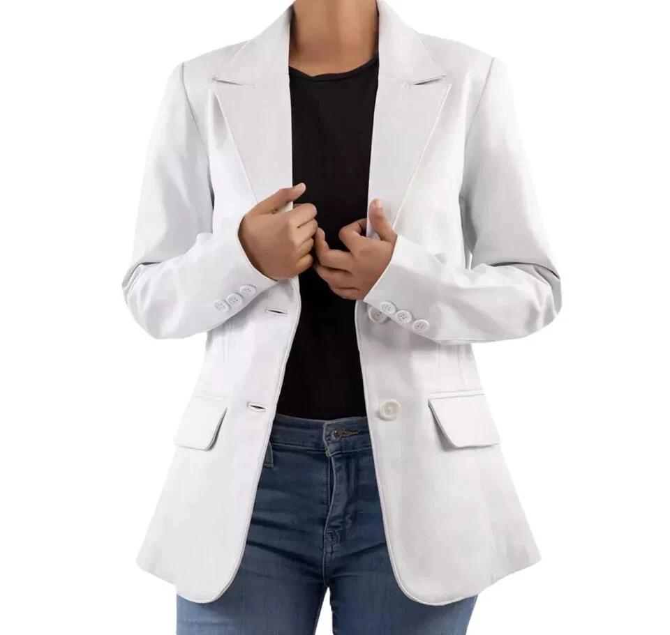Stylish Formal Office Fit Handmade Leather White Women's Blazer Lambskin Genuine