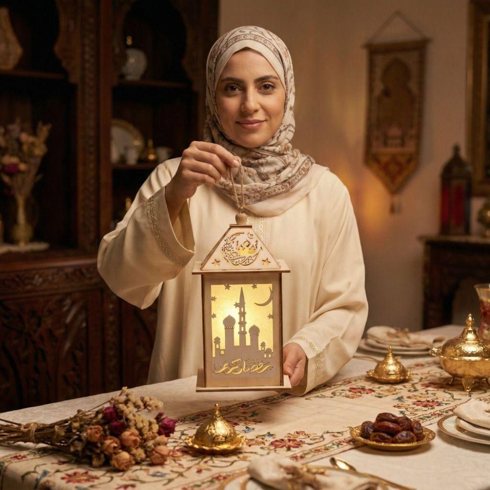 Wooden Ramadan LED Lantern Hollow Moon LED Lamp Portable Moroccan Wind Lantern  Ramadan Celebration