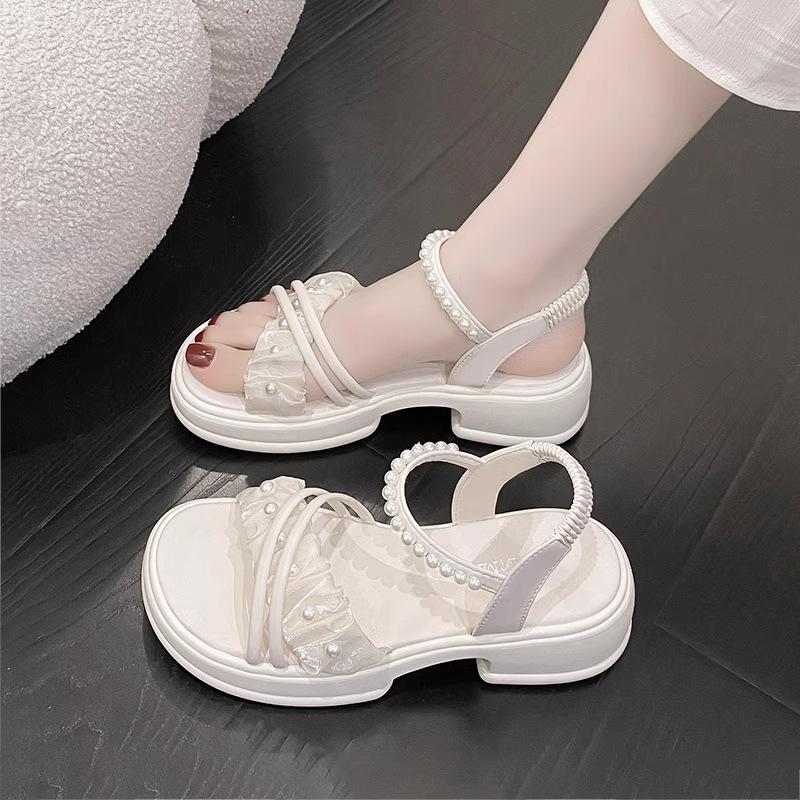 

Women Thick Sole Beach Sandals Pearl Decor Ruffle Mesh Strap Soft Non Slip Casual Summer Shoes 26 белый