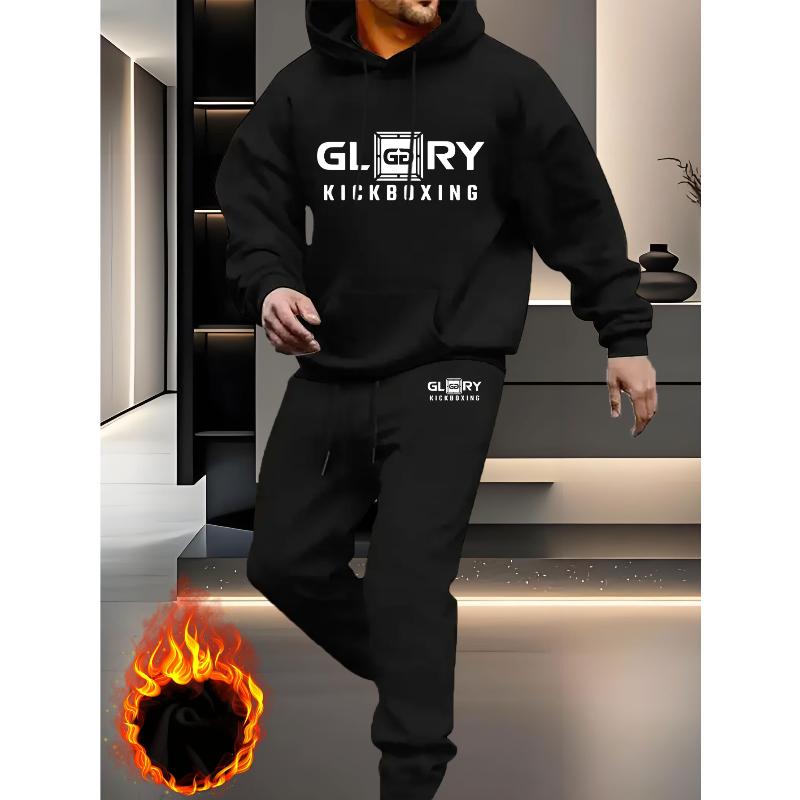 Hoodie and Pants Set Soft Fleece Lined Warm Elastic Waist Fall Winter L чёрный