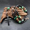 Collana Rosario con Perle Occhio di Tigre Naturale e Pietra Vulcanica, Ciondolo a Croce in Lega, Lunga Catena per Maglione, Gioielli Religiosi alla Moda Unisex