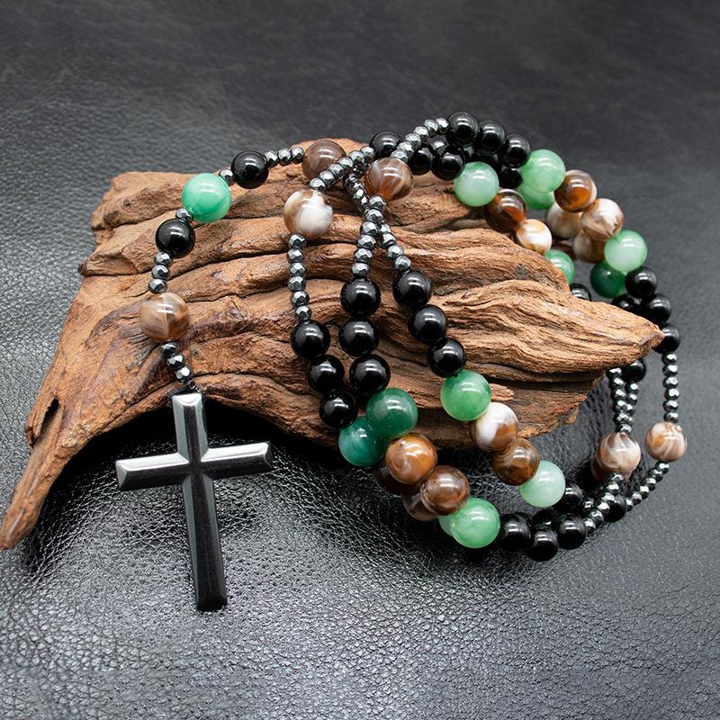 Collana Rosario con Perle Occhio di Tigre Naturale e Pietra Vulcanica, Ciondolo a Croce in Lega, Lunga Catena per Maglione, Gioielli Religiosi alla Moda Unisex