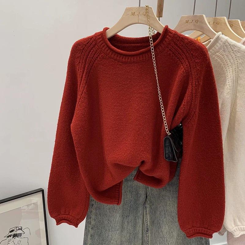 Women's Autumn & Winter Lazy Style Pink Sweater Loose Knit Top Soft Versatile Pullover Crew Neck