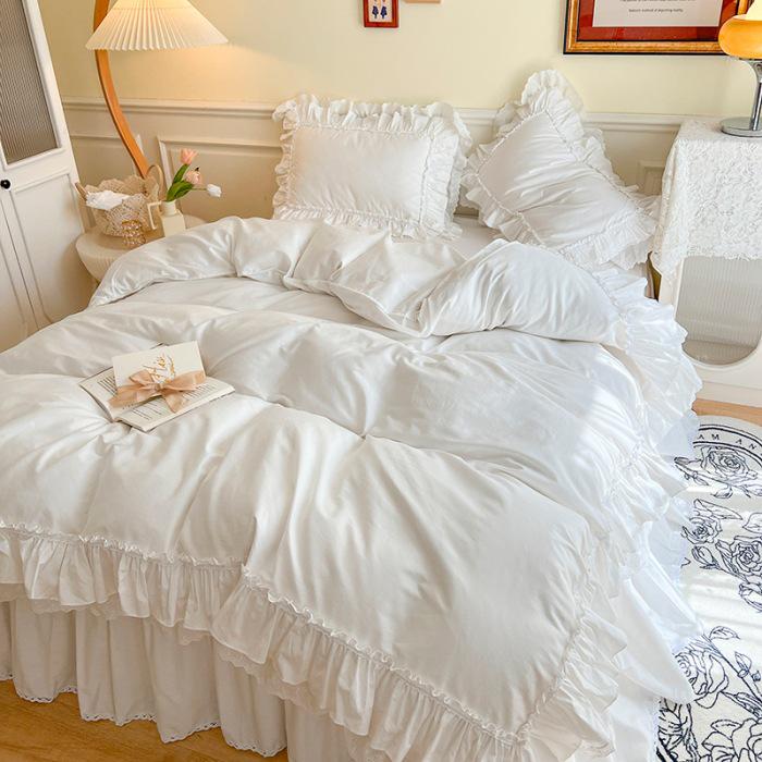 Nordic 100% Pure Cotton White Princess Ruffle Duvet Cover Set with Lace Bed Skirt