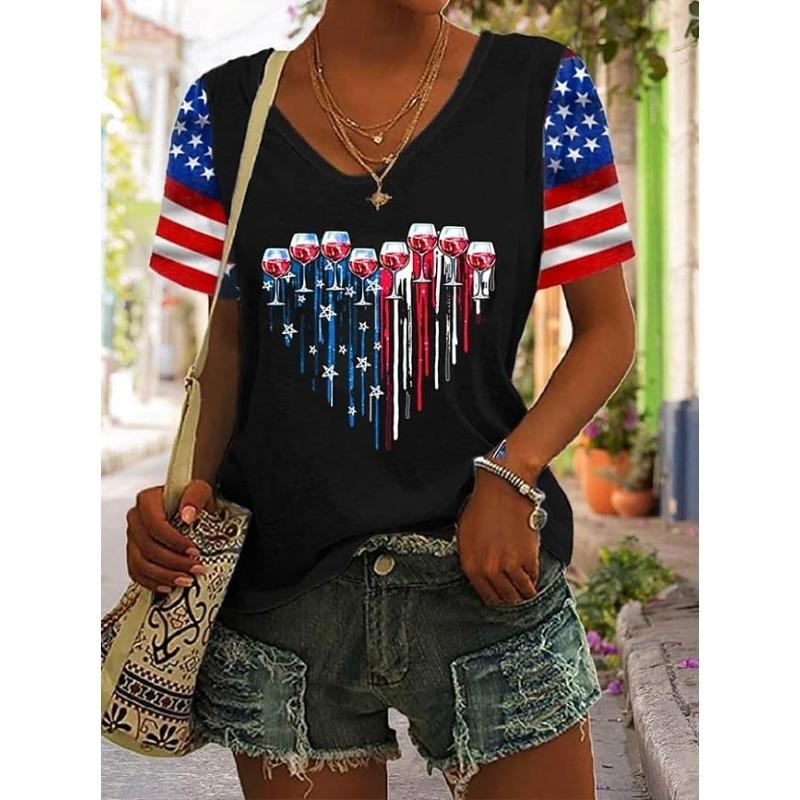 Independence Day Patriotic Women's T Shirt Flag Flag National Flag Casual Red White And Blue Short Sleeve