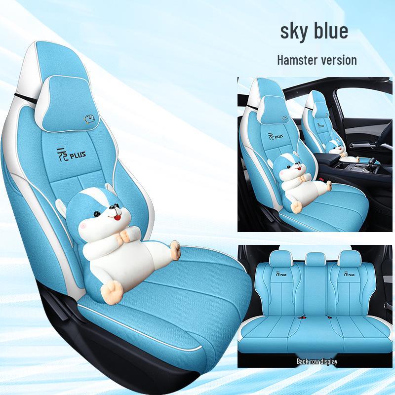 BYD Yuan PLUS Linen Cartoon Car Seat Cushion – Breathable, Full Wrap, Four Seasons Universal Cover.