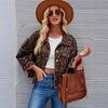 Womens Denim Cropped Jacket Leopard Print Streetwear Loose Fit Long Sleeve 2025