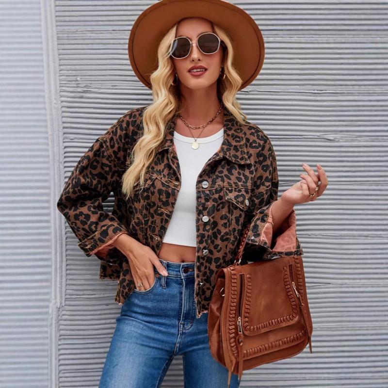Womens Denim Cropped Jacket Leopard Print Streetwear Loose Fit Long Sleeve 2025