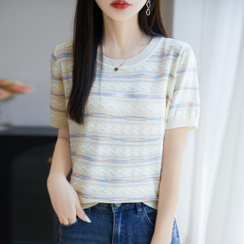 Women Knit T-shirt Summer Knitted Shirt Short Sleeve Tees O-neck Pullover Knit Tops Female