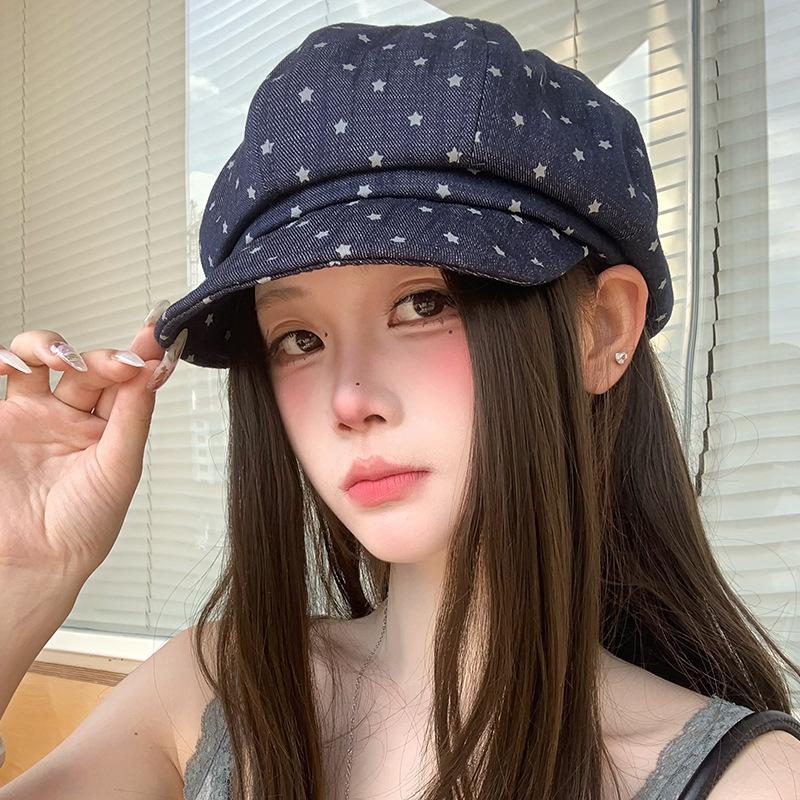Star beret children spring and autumn versatile big head circumference cloud octagonal hat showing face small versatile painter hat