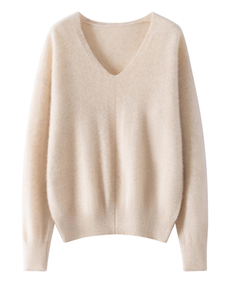Women's V-Neck Seamless Cashmere Sweater: Brushed Finish, Long Sleeve, Solid Color