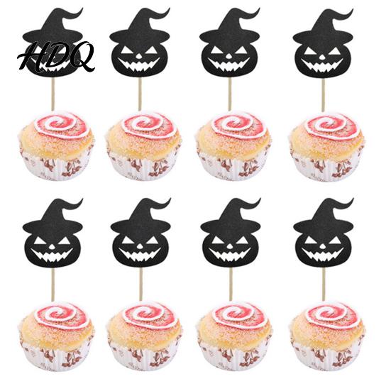 Thick Glitter Cardboard Topper 8 Pcs Halloween Cupcake Toppers Black Witch Hat