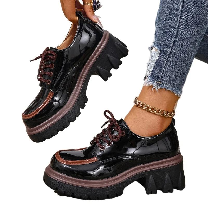 

Балетки больших размеров 2025 Женские туфли на высоком каблуке Платформа Круглый носок Средний каблук Шнуровка Туфли-лодочки для ретро офиса и карьеры 42 чёрный