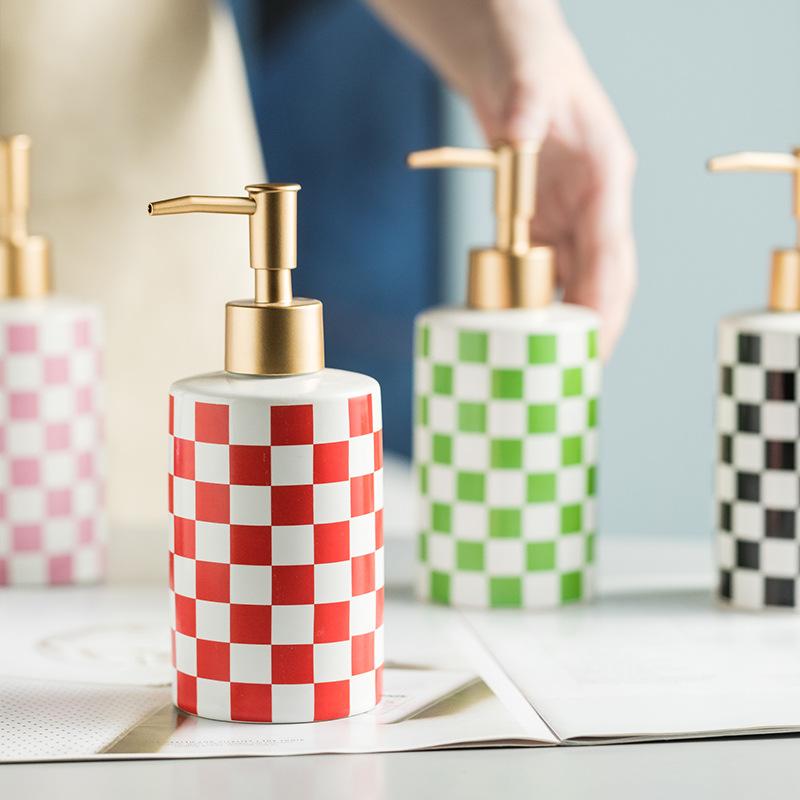 Ceramic Checkerboard Lotion Bottle Hand Sanitizer Bath Gel Separate Bottle Household Lotion Press Bottle Soap Dispenser