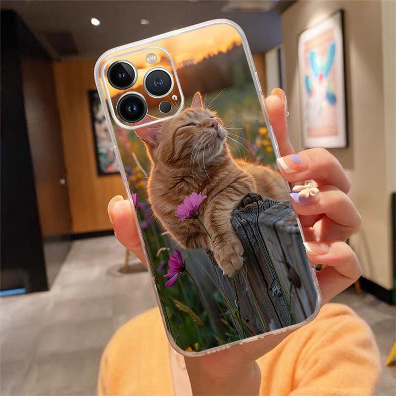 Phone Case For iPhone 17 Pro Max Air 16 15 14 13 Pro Max 15 16 Pro 15Plus Flower Cat Silicone Cover