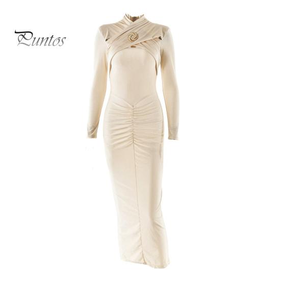 

Женское вечернее платье, облегающее, с металлической пряжкой, эластичное, чистого цвета, миди-платье с длинным рукавом, выпускное платье для вечеринки S абрикосовый