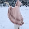 Poncho a mantella da donna con cappuccio e bordi in finta pelliccia, scialle invernale caldo con apertura frontale, mantella oversize