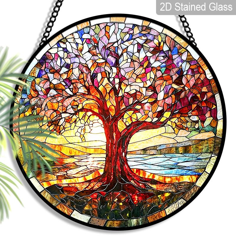 2D Flat Stained Glass Red Tree of Life Window Decoration, 7.87inches Lighting Colored Glass Plate with Chain, Charming Spring Summer Sun Catcher Home