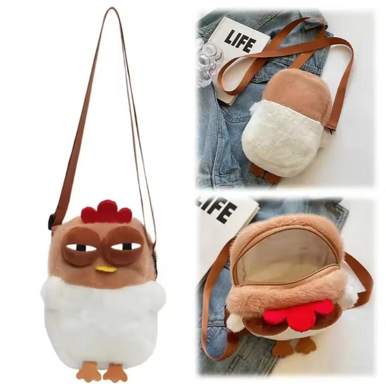 Women Hen Shaped Shoulder Bag Plush Fluffy Cartoon Crossbody Bag with Adjustable Strap for Travel Party Creative Handbag Purse