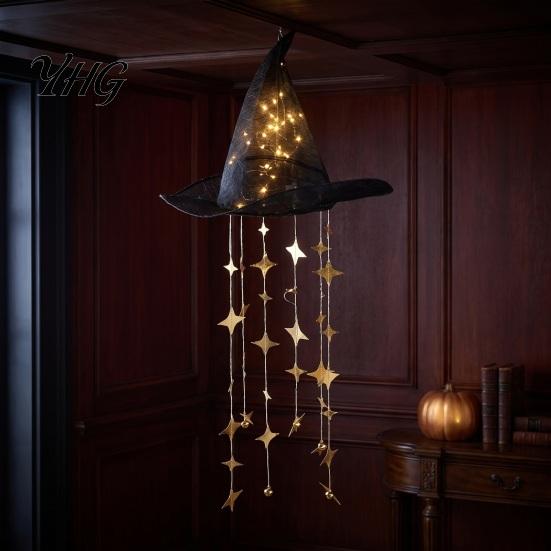 Decorazione Luminosa per Veranda, Cappello da Strega Appeso con Campanellino, Ornamento LED di Halloween con Luci Luminose e Nappe a Stella, Luce Magica per Portico