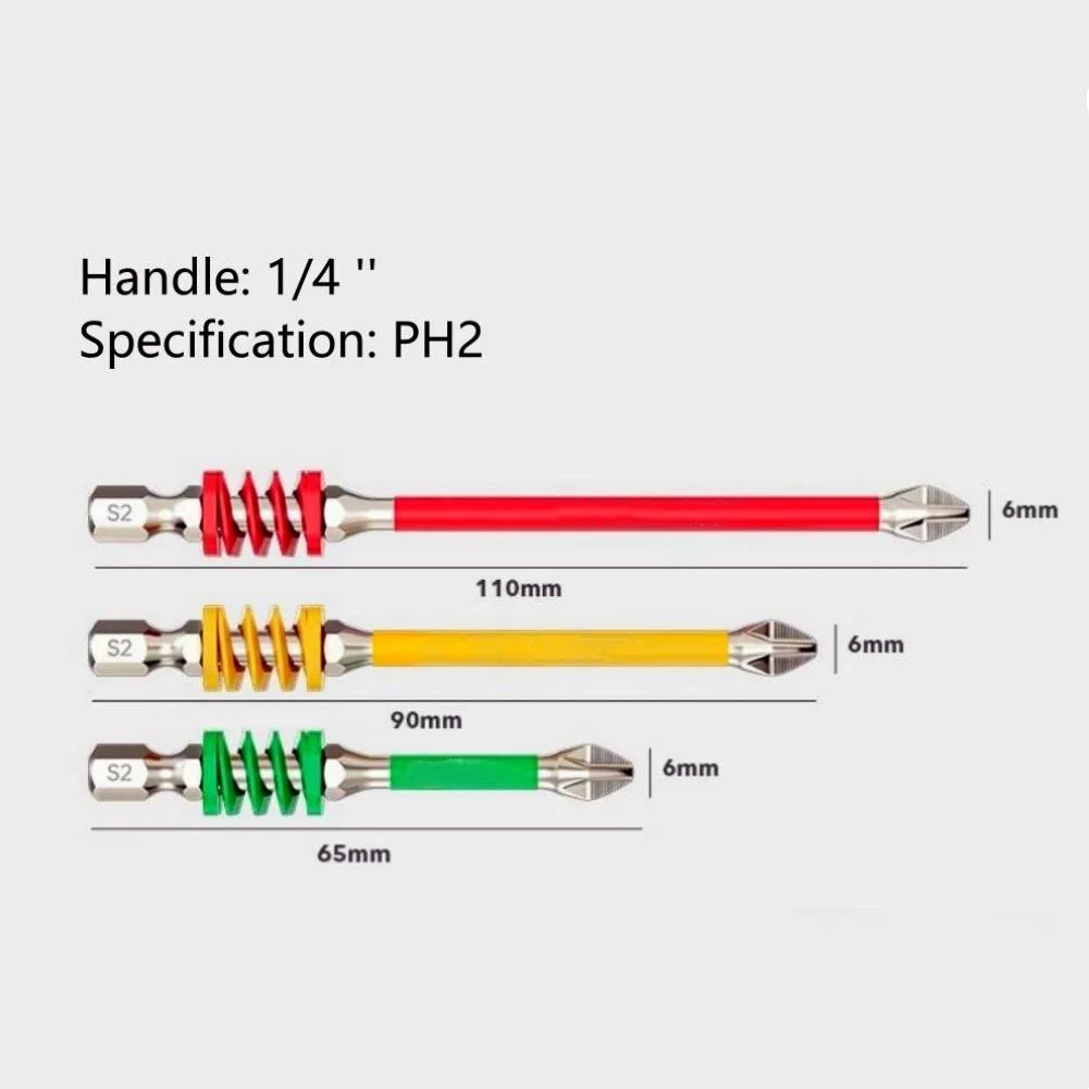 3Pcs Spring Screwdriver Bits Magnetic PH2 Driver Screw Anti-slip 60/90/110mm 1/4'' Hex Shank Drill Head Electric Repair Tool