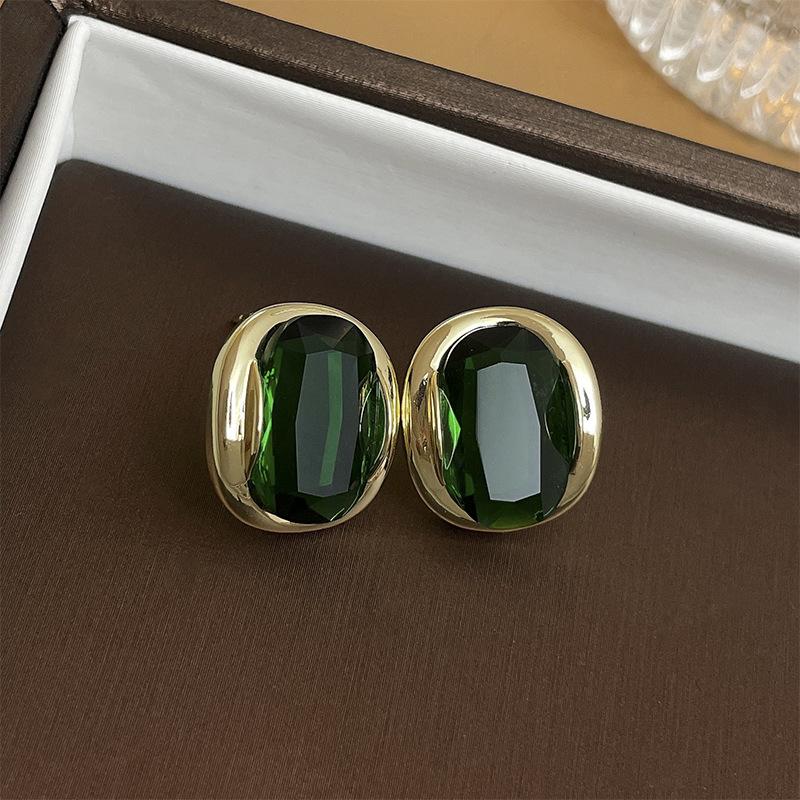 Emerald zircon oval silver needle stud earrings real gold electroplating temperament earrings