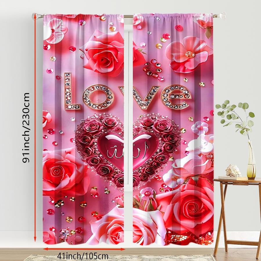 2PCS Pink Purple 'LOVE' Rose Curtains   Confession Style   Valentine's Day   Bedroom Living Room   Pull up Pocket Style