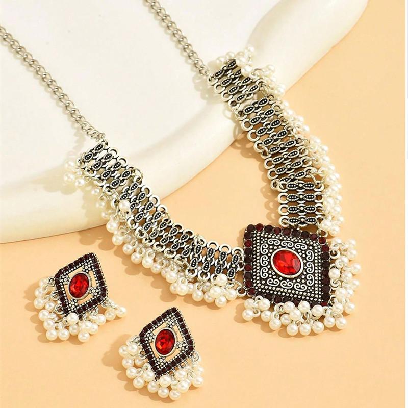 Necklace For Vintage Earrings Choker Women Geometric Crystal Jewelry Sets Simulated Pearl Beads Accessories