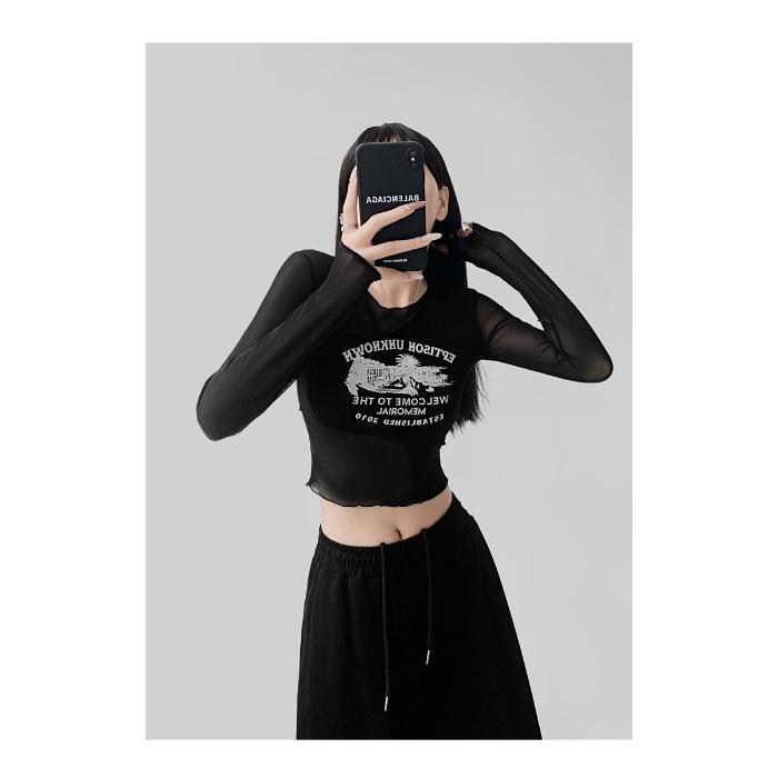 

2025 Women s Slim Fit Long Sleeve Mesh T-shirt Large чёрный