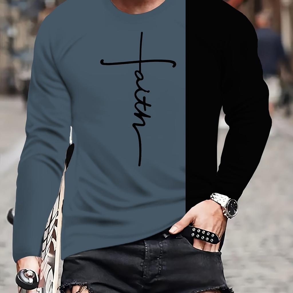 Men Chic Graffiti Print Crew Neck Long Sleeve T-Shirt Letter Design Contrast Color Casual Outdoors Sports Wear Spring Fashion
