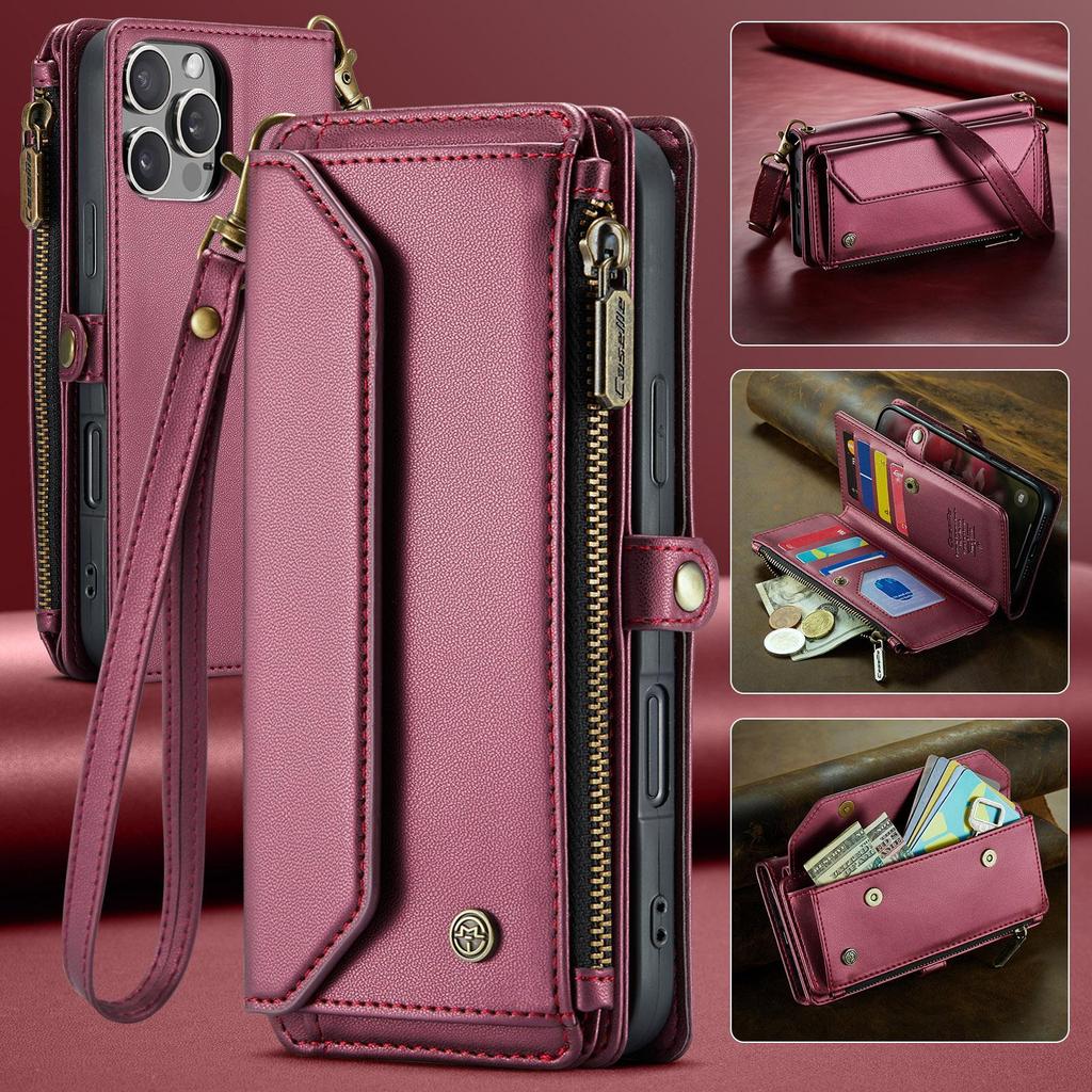 CaseMe (C36) Crossbody Wallet Case For iPhone 13 14 15 16 Pro Max Zipper Wrise Multi-functional Flip PU Leather Card Slots Holder Cover Protector