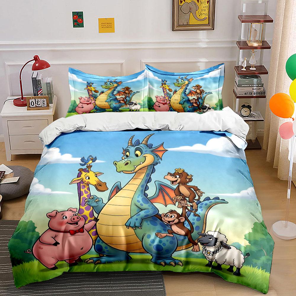 Dragon and Farm Animal Friends Bedding Duvet Cover Set (1*Duvet Cover 2*Pillowcases, without duvet insert)