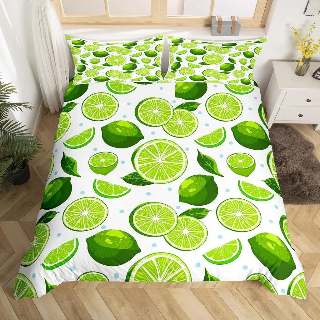 Lemon Duvet Cover Queen King Size For Girls Teens 3 Pcs Summer Cool Style Fruits Lemon Print Bedding Set, Leaves Comforter Cover