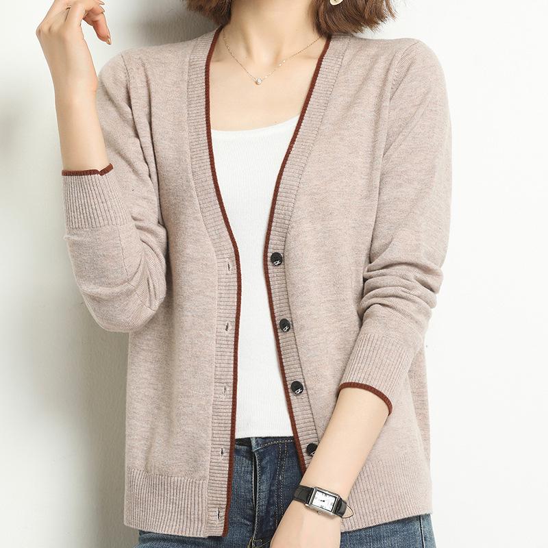 Women's Autumn V-neck Knitted Cardigan: Temperament Slimming Long Sleeve Wool Coat